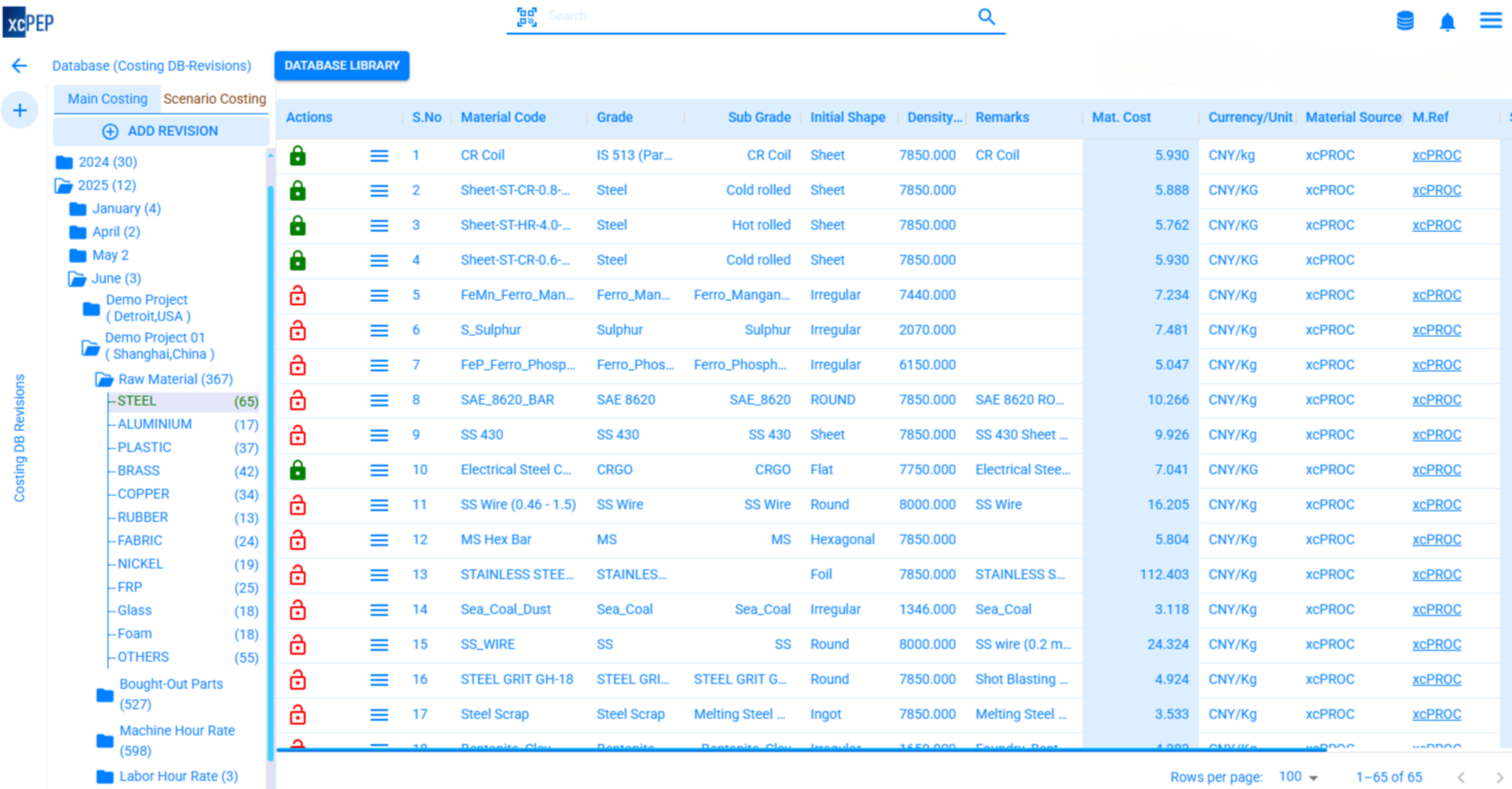 Raw Material Database Sample